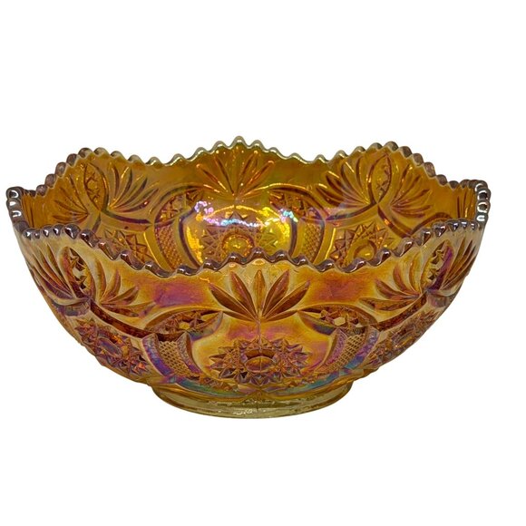 Vintage Marigold Carnival Glass Bowl 8x3 Starburst Crab Claw Pattern Iridescent - Picture 4 of 10